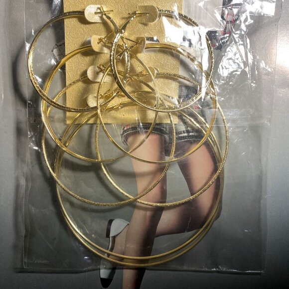 4 Pairs Set Of Hoop Earrings Iron 18K Gold Plated Jewelry Simple Classic Style - Picture 3 of 4